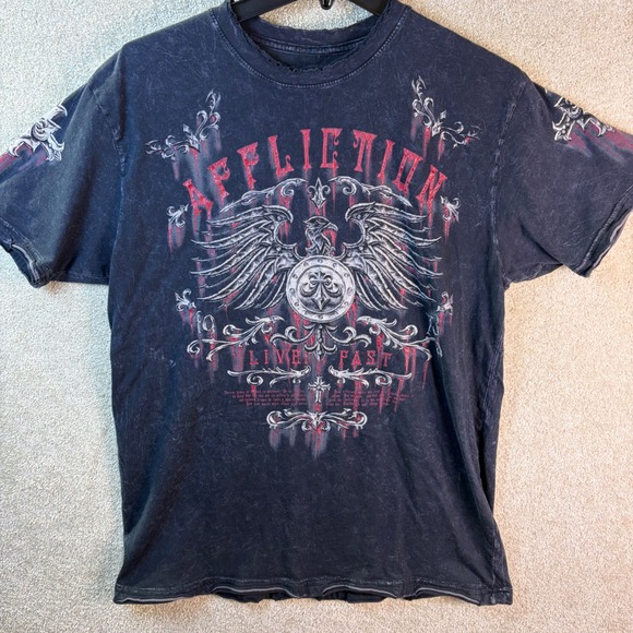 Affliction T Shirt Men Large Black Live Fast USA Eagle Graphic Distressed Grunge - Picture 2 of 8